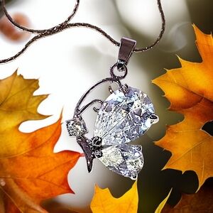 LARGE Butterfly Pendant Necklace White Gold Plated Cubic Zirconia Sparkly Blingy
